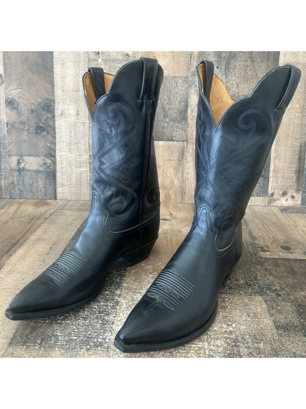 Tony Lama Vintage Black Scalloped Top Western Cowboy Boots Mens 11 D